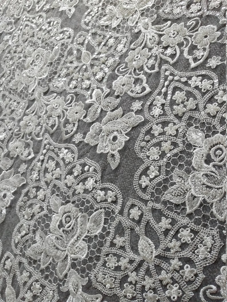 New Style beaded lace fabric with sequins on mesh embroidery vintage style bridal lace fabric