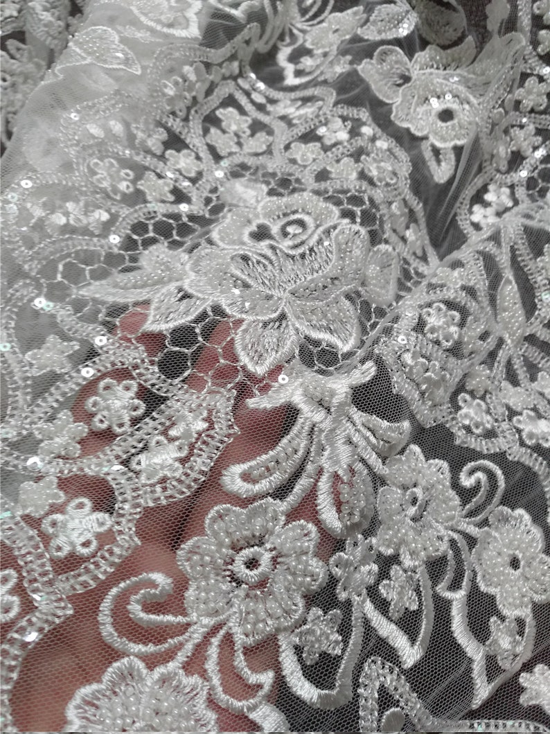 New Style beaded lace fabric with sequins on mesh embroidery vintage style bridal lace fabric