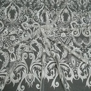 Vintage Embroidered Tulle Lace Fabric: Off-White Bridal Dress Material