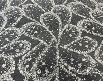 Floral Beaded Embroidery Lace Fabric: Off-White Bridal Wedding Dress Lace By the Yard