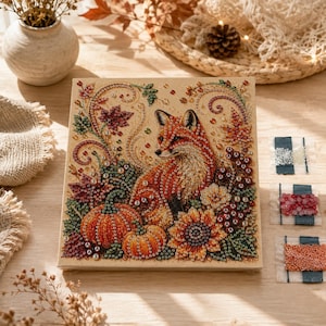 May include: A square diamond painting kit featuring a fox surrounded by pumpkins, a sunflower, and autumn leaves. The design is printed on a canvas with numbered circles for bead placement, accompanied by three small packets of colorful resin beads.