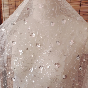 Tulle Beaded Lace Fabric Wedding Dress Fabric Bridal Veil Lace Shiny Sequin Lace Tulle Lace By The Yard