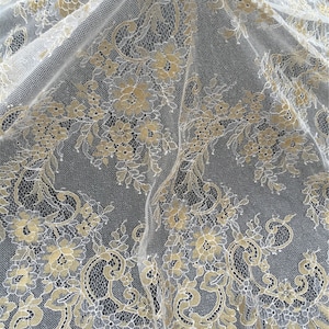 Gold Color Chantilly Lace Fabric Floral Wedding Lace Fabric Metallic Thread  French Bridal Dress Lace Fabric Sell By Piece 3meters.