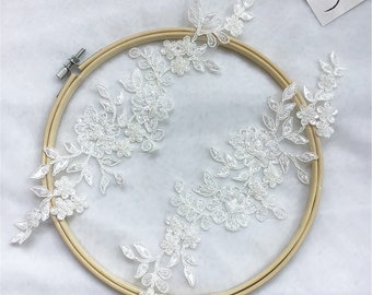 Floral Lace Applique: 3D Beaded Tulle Embroidery for Bridal Veil By Pair