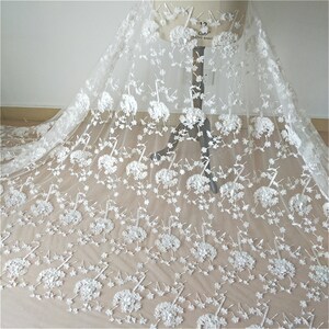 Beautiful 3D Floral Lace Fabric, Tulle Embroidery Lace Fabric for Wedding Dress, Bridal Gown Lace, 3D Beaded Lace Fabric By The Yard