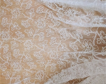 Exquisite 3D Beaded Lace Fabric, Tulle Embroidery Lace Fabric for Wedding Dress, Bridal Veil Lace, Sequin Lace Fabric By The Yard
