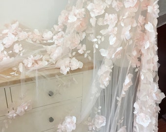 3D Floral Lace Fabric: Pink & Off White Tulle Embroidery, Bridal Gown