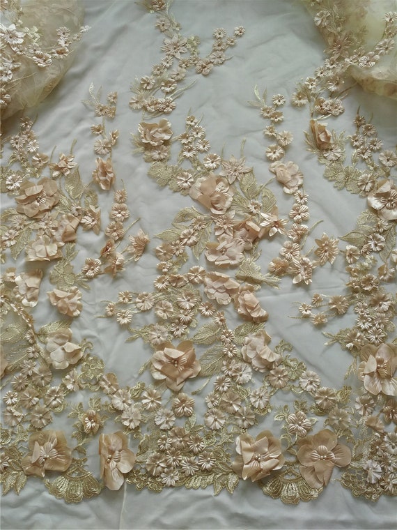Skin Gold Beaded Fabric By Yard Embroidery Beads Fabric Lace Wedding Dress 50”