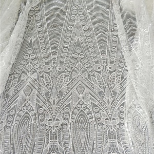 Higher Quality Wedding Eress Fabric Off White Sequin Embroidery Lace Fabric Wedding Dress Fabric Worldwide Shipping 130cm Width Sell by Yard