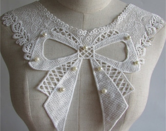 Embroidered Lace Collar Applique: Floral Neckline Patch with Pearls