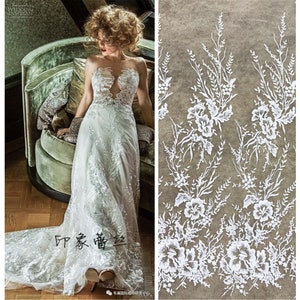 Floral Embroidery Lace Fabric: Off-White Tulle Mesh, Wedding Dress Lace By The Yard