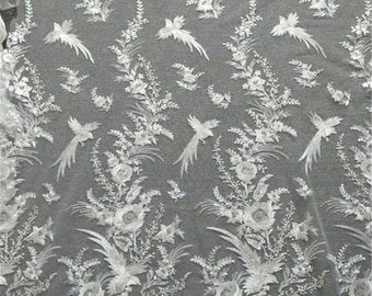 Floral Bird Embroidery Lace Fabric, Champagne White Bridal Mesh, By The Yard