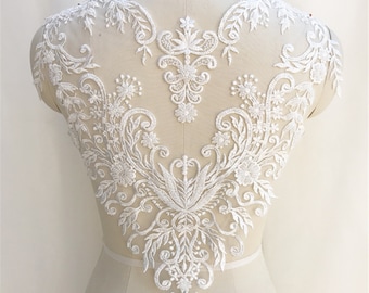 Beaded Pearl Lace Applique: Bridal Gown Bodice, Off-White Rayon