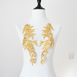 Gold Color Sequin Lace Applique, Embroidery Flower Bridal Bodice lace Applique, Corset Decor,Couture Lace Patch,  Lingerie Lace By Pair