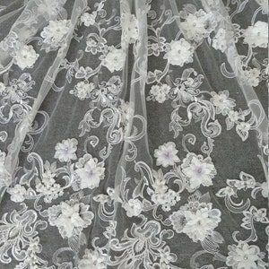 High End 3D Beaded Sequin Bridal Lace Fabric , 3D Flower Embroidery Lace Fabric For Wedding Gown Bridal Dress Fabric by Yard Haute Couture
