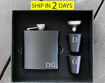 Personalized Black Flask & Shot Cups Gift Set - Custom Engraved Flask with Funnel and Shot , Valentine's, Mother's, Father's Day