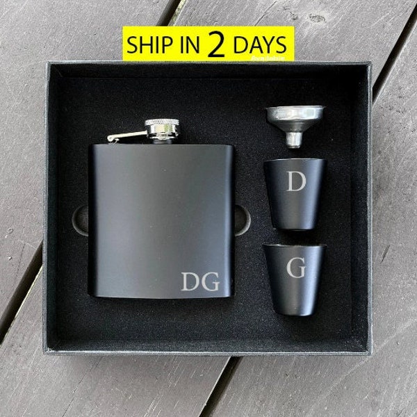 Personalized Black Flask & Shot Cups Gift Set - Custom Engraved Flask with Funnel and Shot , Valentine's, Mother's, Father's Day