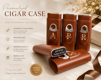 May include: A collection of brown leather cigar cases featuring silver metal cigar cutters in front pockets. Each case is personalized with engraved initials and names, including Andress, Patterson, Roberto, and Jeff Strom Father-in-law.
