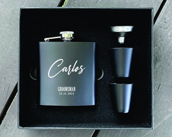 Personalized Black Flask Set, Engraved Gift for Groomsmen