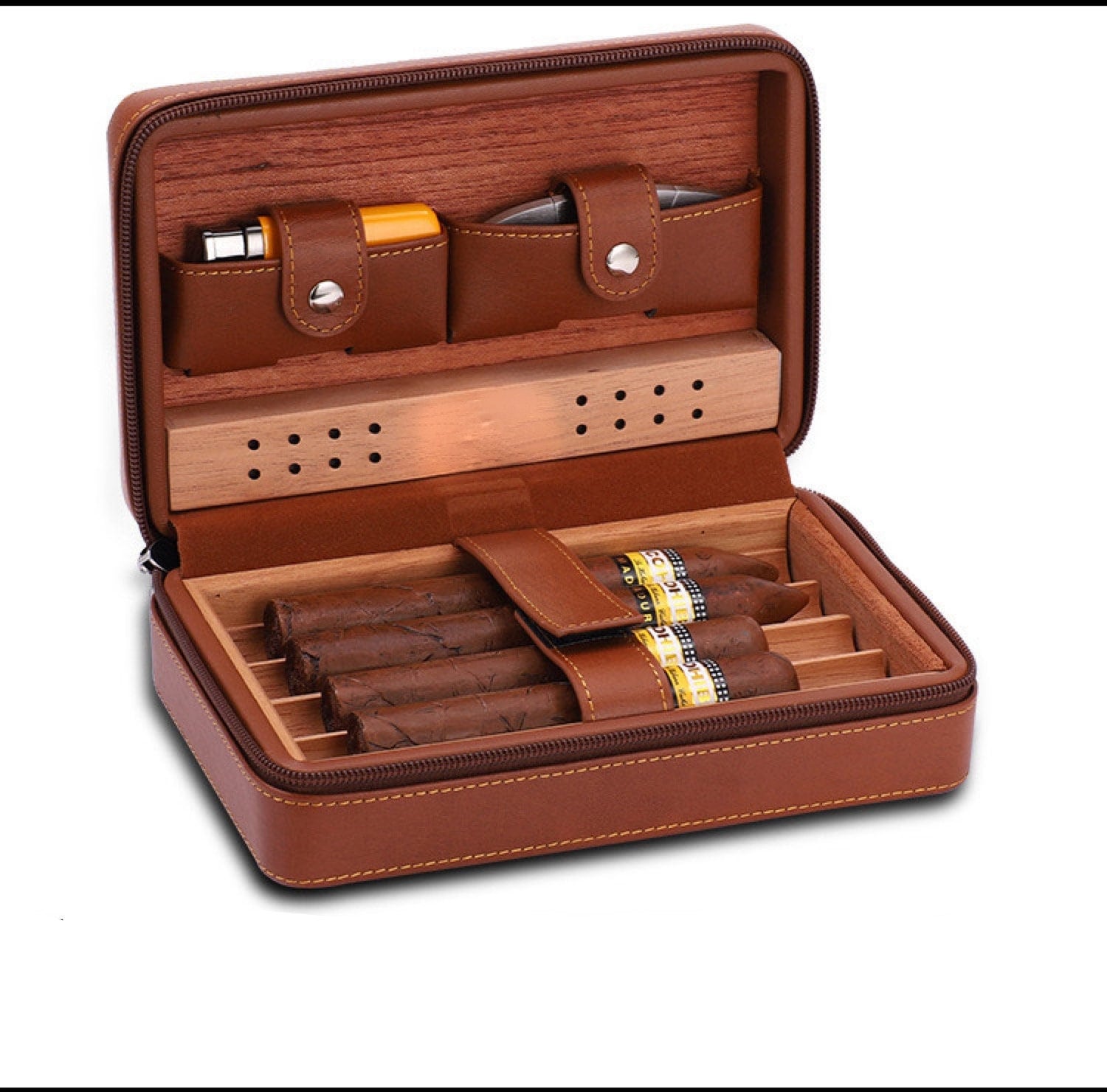CHFG Leather Cigar Cases Cedar Wood Travel Humiodor Portable Cigars Box  with Cigar Lighter Accessories Set Holds 4 Cigars,Gifts for Men (Brown)