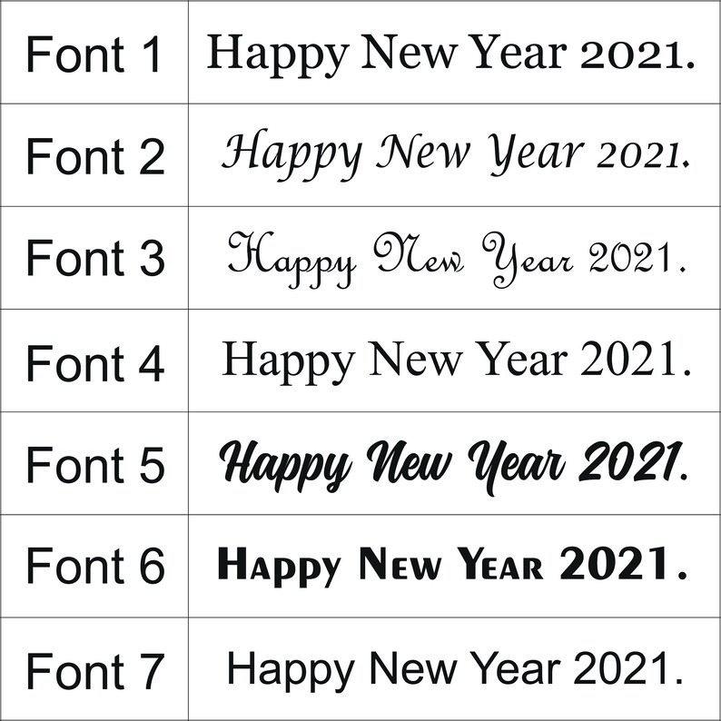 May include: Seven different font styles of the text "Happy New Year 2021."