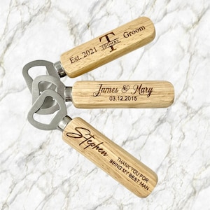 Personalized Oak Wood Bottle Opener, Engraved Groomsmen Gift
