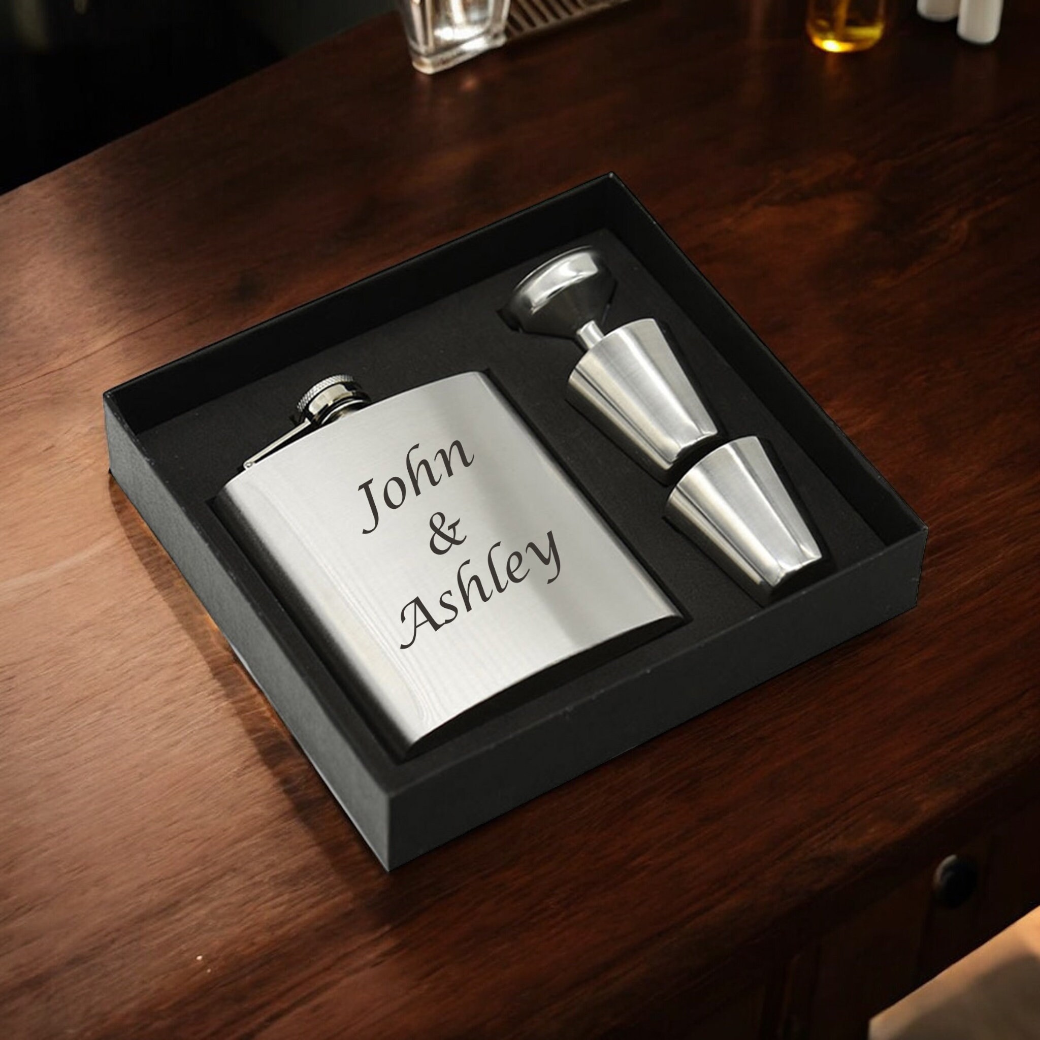 Personalized Black Flask & Shot Cups Gift Set - Custom Engraved Flask with Funnel and Shot , Father's Day