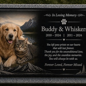May include: A rectangular black granite memorial plaque with a gray granite border, featuring a color image of a golden retriever and a tabby cat. The text reads: In Loving Memory, Buddy & Whiskers, 2010-2024, 2011-2024, and a memorial poem.
