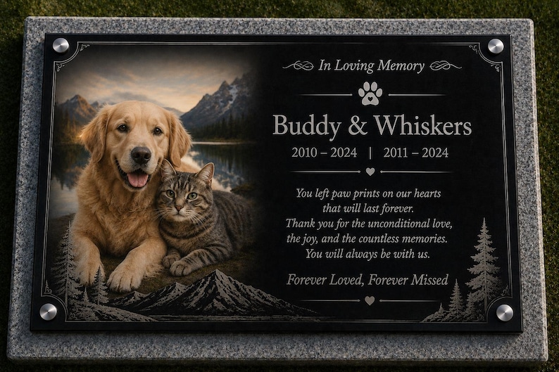 May include: A rectangular black granite memorial plaque with a gray granite border, featuring a color image of a golden retriever and a tabby cat. The text reads: In Loving Memory, Buddy & Whiskers, 2010-2024, 2011-2024, and a memorial poem.
