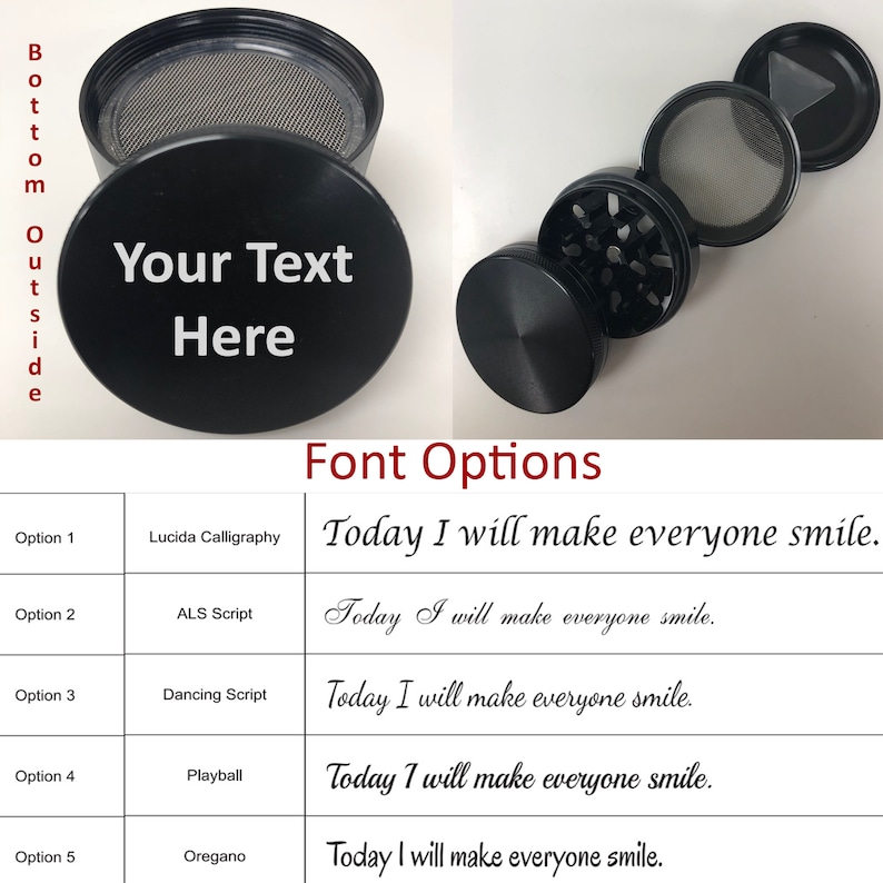 Puede incluir: Un molinillo de metal negro con tapa extra&iacute;ble y una malla. El molinillo tiene un dise&ntilde;o en la parte superior que dice "Your Text Here". La imagen muestra cinco opciones de fuente diferentes para el texto en el molinillo. El texto "Today I will make everyone smile." se muestra en cada opci&oacute;n de fuente.