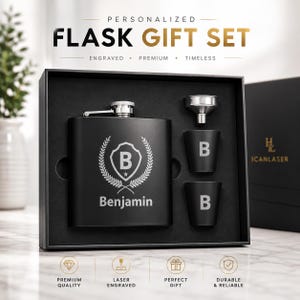 May include: A black matte flask gift set in a presentation box, including a flask engraved with a shield, the letter B, and the name Benjamin, two matching black shot glasses with the letter B, and a silver metal funnel for easy pouring.