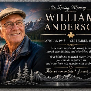 May include: A rectangular memorial plaque featuring a portrait of an elderly man in a cap and glasses, a Canadian flag, and mountain lake scenery. Text reads: In Loving Memory, WILLIAM ANDERSON, APRIL 8, 1943 &ndash; SEPTEMBER 15, 2024, and tributes.