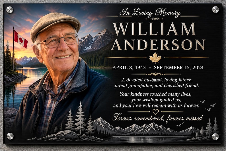 May include: A rectangular memorial plaque featuring a portrait of an elderly man in a cap and glasses, a Canadian flag, and mountain lake scenery. Text reads: In Loving Memory, WILLIAM ANDERSON, APRIL 8, 1943 &ndash; SEPTEMBER 15, 2024, and tributes.