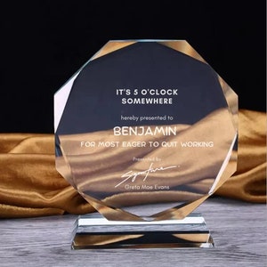 Octagon Memorial Custom Crystal Trophy, Octagon Award, Trophy for Luckiest Person, Personalized Award Christmas day gifts