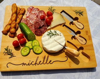 Customized Bamboo Cheese Board Set, Engraved Utensils, Personalized Gift