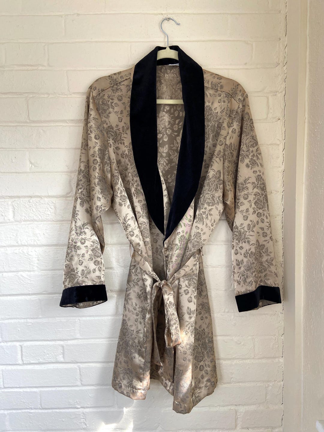 90s Black & Gold Floral Silky Robe - Etsy