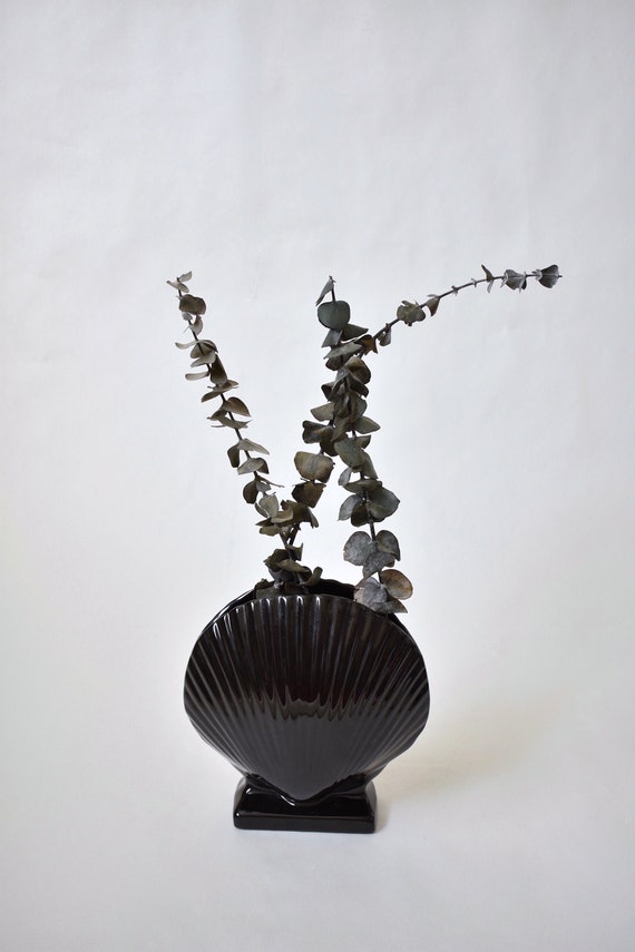 Vintage Black Ceramic Seashell Vase Etsy