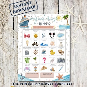 May include: A magical cruise bingo game card featuring a watercolor cruise ship, palm tree, and sun. The grid contains twenty-five squares with illustrations and text prompts like meet a character, eat ice cream, and watch fireworks for cruise activities.
