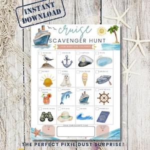 May include: A cruise scavenger hunt activity sheet featuring a grid of sixteen nautical-themed illustrations including a seagull, anchor, captain hat, pool, sunset, towel animal, ice cream, lifeboat, tropical drink, dolphin, cruise ship, ship wheel, binoculars, sun hat, waves, and passport.