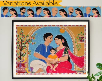 Print Madhubani Indian Art, Family of three 3 Mother Father Son , Desi Wall Decor