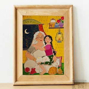 Madhubani Art Print, Grandmother and Granddaughter, Indian Home Decor image 3