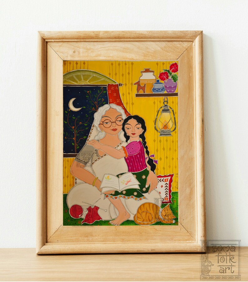 Madhubani Art Print, Grandmother and Granddaughter, Indian Home Decor image 3