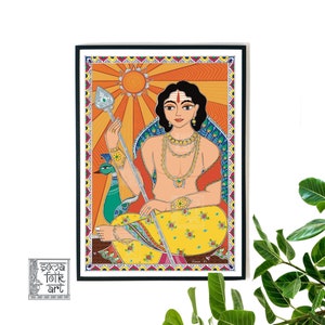 Print Madhubani Lord Kartikeya, Murugan, Hinduismus Wanddekoration, indische hinduistische Volkskunst