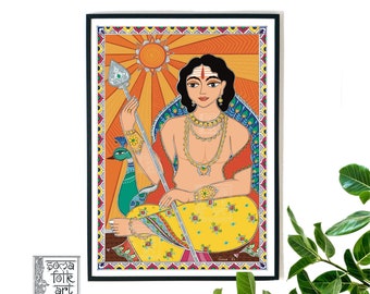 Print Madhubani Lord Kartikeya, Murugan, Hinduism Wall Decor, Indian Hindu Folk Art