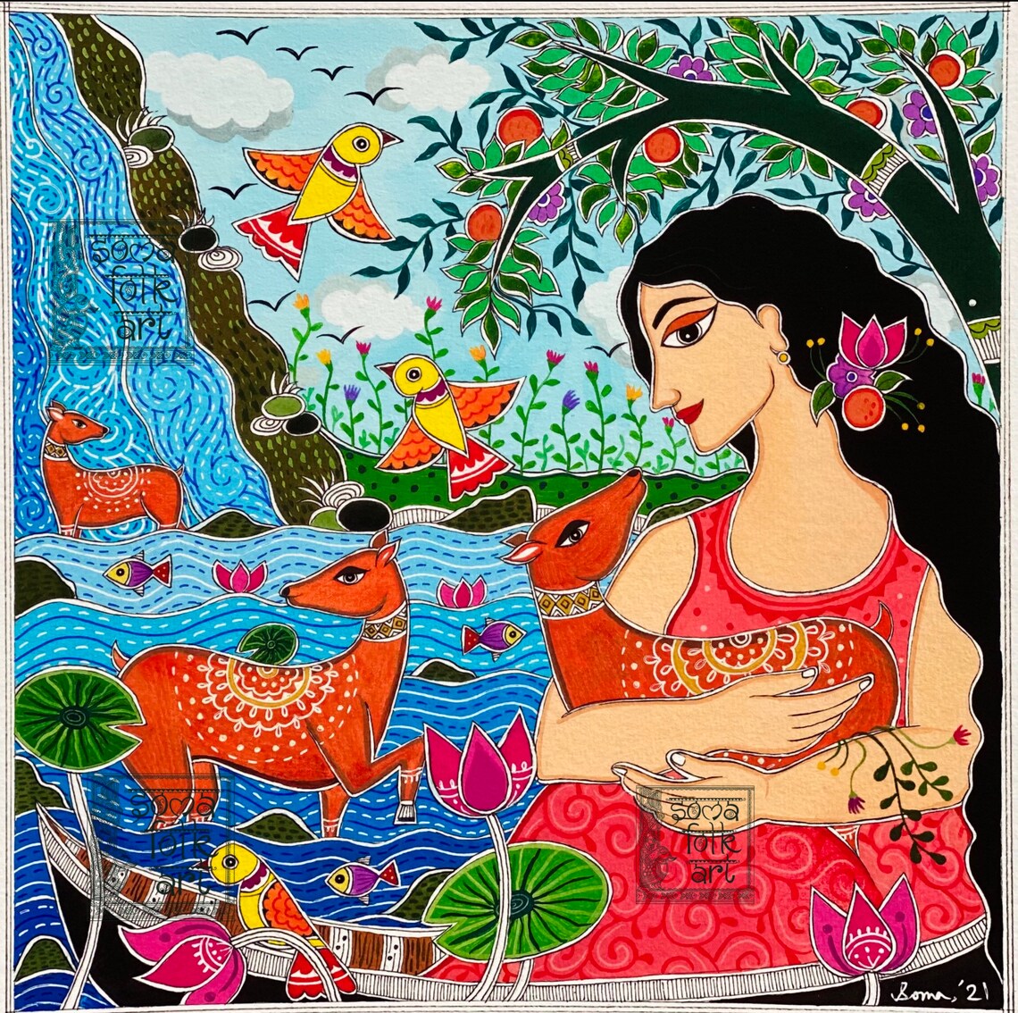 Print Magical Lands Madhubani Inspired Indian Desi Brown Girl Folk Wall ...