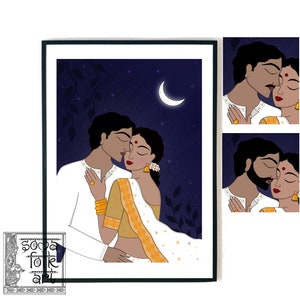 Valentine’s Day gift Print Couple Under the Moonlight Indian Folk Art Wall Decor