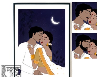 Valentinstag Geschenk Druck Paar unter Mondschein Indian Folk Art Wand-Dekor