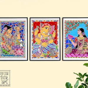 Imprimir Ganesha / Ganesh, Saraswati, Lakshmi / Laxmi, Conjunto de 3, Pintura Madhubani, Arte hindú indio Desi, Decoración de pared