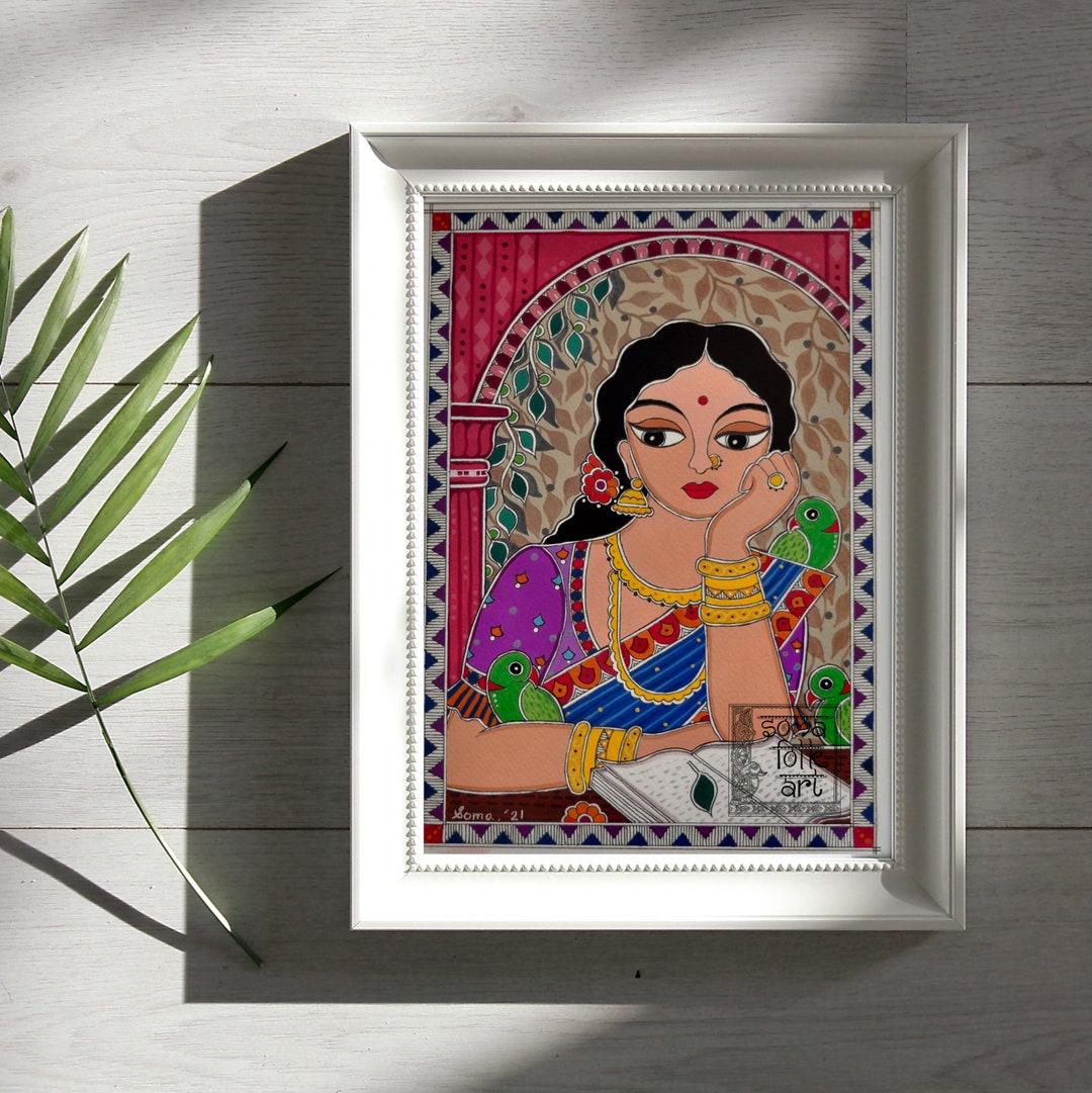 Print Madhubani Lady Lost in Her Thoughts Painting Indian Wall - Etsy
