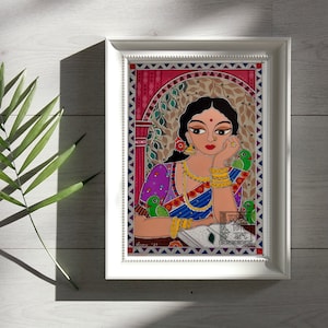 Print Madhubani Lady Lost in Her Thoughts Painting Desi Brown Girl ...